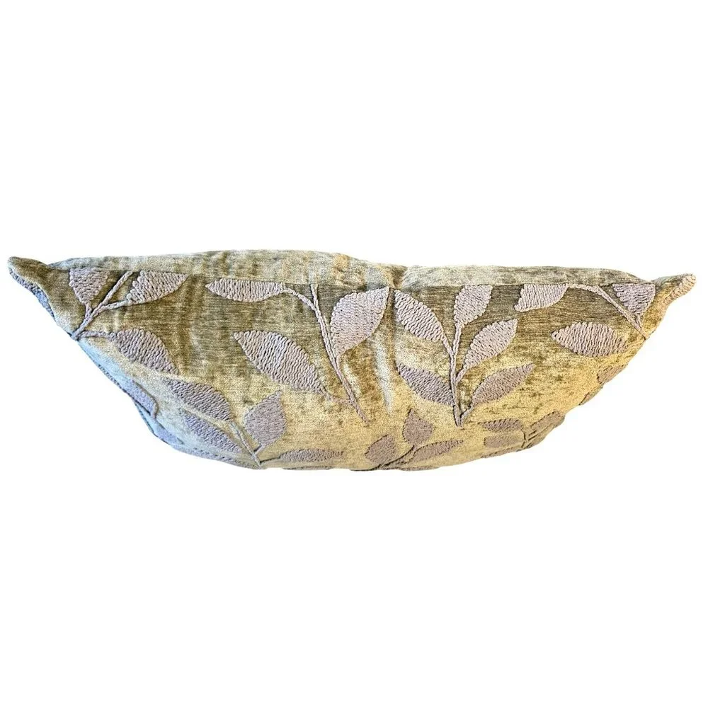 Vintage Velvet Throw Pillow MilliHome Olive Raised Leaf Embroidery 20